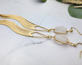 Gold Wedding Tassel Earrings - Bridal Earrings - Clear Crystal Quartz Earrings