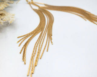 Gold Tassel Earrings: Stainless Steel Herringbone Fringe, 5in Drop