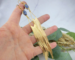 Gemstone 18K Gold Tassel Earrings - Long Fringe Earrings - Gold Chandelier Earrings