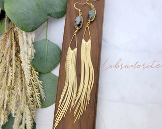 Gemstone 18K Gold Tassel Earrings - Long Fringe Earrings - Gold Chandelier Earrings