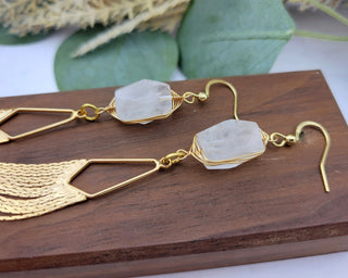 Gold Wedding Tassel Earrings - Bridal Earrings - Clear Crystal Quartz Earrings
