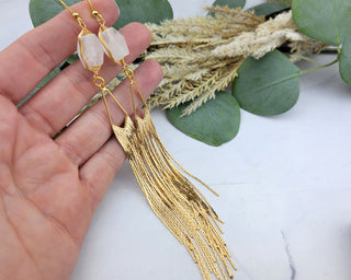 Gold Wedding Tassel Earrings - Bridal Earrings - Clear Crystal Quartz Earrings