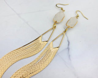 Gold Wedding Tassel Earrings - Bridal Earrings - Clear Crystal Quartz Earrings