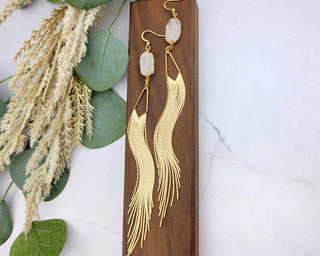 Gold Wedding Tassel Earrings - Bridal Earrings - Clear Crystal Quartz Earrings