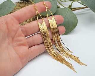 Gold Tassel Earrings: Stainless Steel Herringbone Fringe, 5in Drop