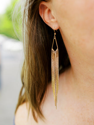 Gold Tassel Earrings: Stainless Steel Herringbone Fringe, 5in Drop