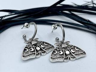 Silver Luna Moth Huggie Hoops - Goth Insect Earrings - Cartilage Hoops - Wiccan Moon Phase Jewelry