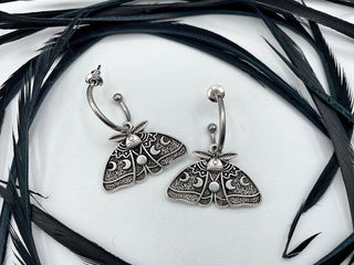 Silver Luna Moth Huggie Hoops - Goth Insect Earrings - Cartilage Hoops - Wiccan Moon Phase Jewelry