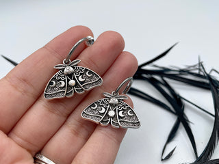 Silver Luna Moth Huggie Hoops - Goth Insect Earrings - Cartilage Hoops - Wiccan Moon Phase Jewelry