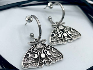 Silver Luna Moth Huggie Hoops - Goth Insect Earrings - Cartilage Hoops - Wiccan Moon Phase Jewelry