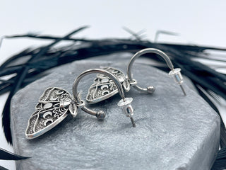 Silver Luna Moth Huggie Hoops - Goth Insect Earrings - Cartilage Hoops - Wiccan Moon Phase Jewelry