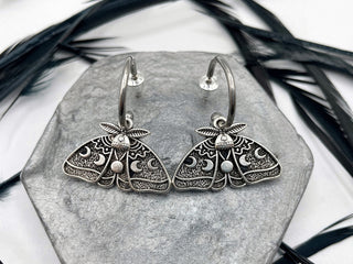 Silver Luna Moth Huggie Hoops - Goth Insect Earrings - Cartilage Hoops - Wiccan Moon Phase Jewelry