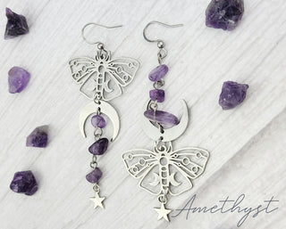 Silver Luna Moth Mismatched Earrings: Rose Quartz & Fluorite