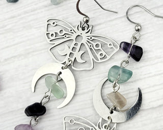 Silver Luna Moth Mismatched Earrings: Rose Quartz & Fluorite
