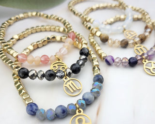 Zodiac Gemstone Bracelet: Gold Astrology Charm, Stainless Steel Beads