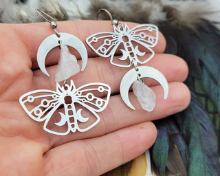 Silver Luna Moth Earrings - Asymmetrical Earrings - Clear Quartz Crystal Moon Phase Earrings