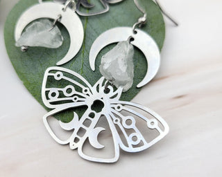 Silver Luna Moth Earrings - Asymmetrical Earrings - Clear Quartz Crystal Moon Phase Earrings