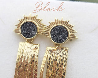 Druzy Sunburst Tassel Earrings: Art Deco Gold Plated Dangles