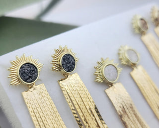Druzy Sunburst Tassel Earrings: Art Deco Gold Plated Dangles