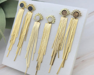 Druzy Sunburst Tassel Earrings: Art Deco Gold Plated Dangles