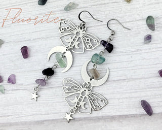 Silver Luna Moth Mismatched Earrings: Rose Quartz & Fluorite