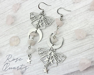 Silver Luna Moth Mismatched Earrings: Rose Quartz & Fluorite