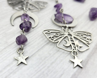 Silver Luna Moth Mismatched Earrings: Rose Quartz & Fluorite