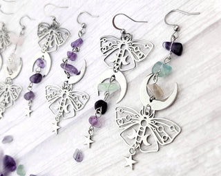 Silver Luna Moth Mismatched Earrings: Rose Quartz & Fluorite