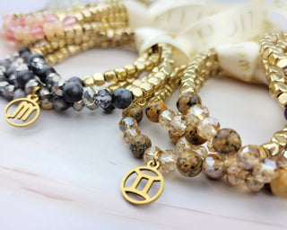 Zodiac Gemstone Bracelet: Gold Astrology Charm, Stainless Steel Beads
