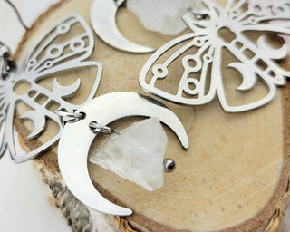 Silver Luna Moth Earrings - Asymmetrical Earrings - Clear Quartz Crystal Moon Phase Earrings