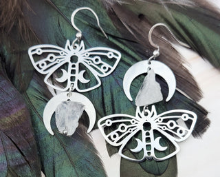 Silver Luna Moth Earrings - Asymmetrical Earrings - Clear Quartz Crystal Moon Phase Earrings