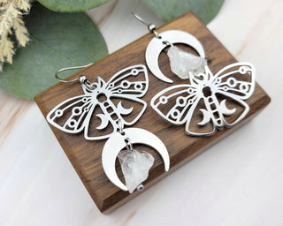 Silver Luna Moth Earrings - Asymmetrical Earrings - Clear Quartz Crystal Moon Phase Earrings