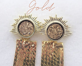 Druzy Sunburst Tassel Earrings: Art Deco Gold Plated Dangles