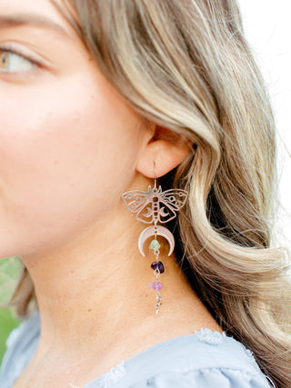 Silver Luna Moth Mismatched Earrings: Rose Quartz & Fluorite