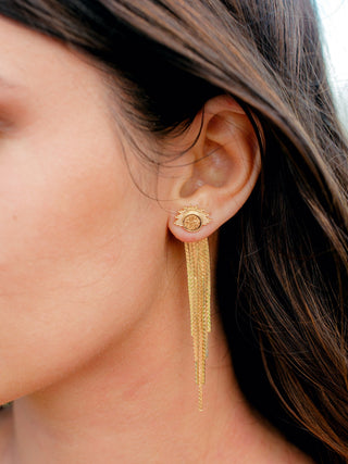 Druzy Sunburst Tassel Earrings: Art Deco Gold Plated Dangles