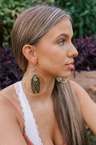 Cicada Beetle Earrings - Hoop Earrings Gemstone Witchy Costume Jewelry