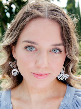 Silver Luna Moth Earrings - Asymmetrical Earrings - Clear Quartz Crystal Moon Phase Earrings