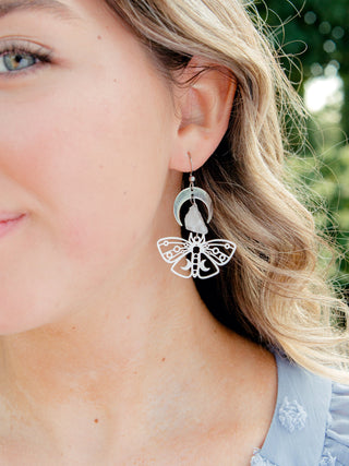 Silver Luna Moth Earrings - Asymmetrical Earrings - Clear Quartz Crystal Moon Phase Earrings