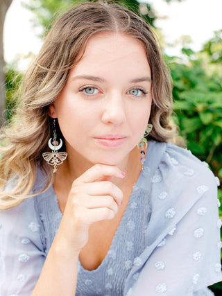 Amethyst Earrings - Butterfly Moth Boho Jewelry - Asymmetrical Moon Phase Celestial Mystical - Affirmation Jewelry