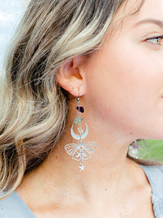 Silver Luna Moth Mismatched Earrings: Rose Quartz & Fluorite