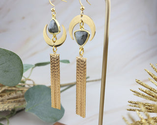 Long Labradorite Earrings: Mismatched Moon Tassel Design