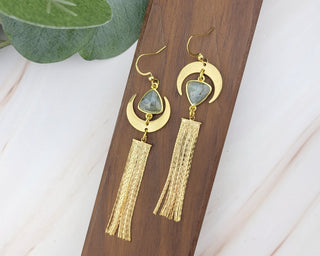 Long Labradorite Earrings: Mismatched Moon Tassel Design