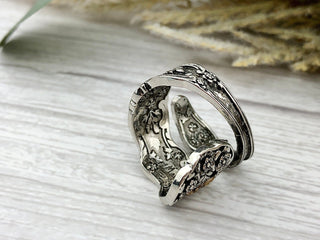 Vintage Spoon Ring: Brass Cat, Floral Copper Wrap Ring