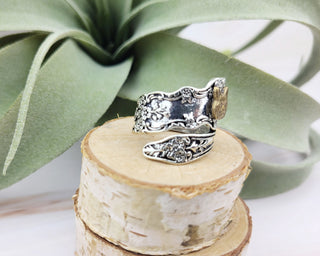 Vintage Spoon Ring: Brass Cat, Floral Copper Wrap Ring