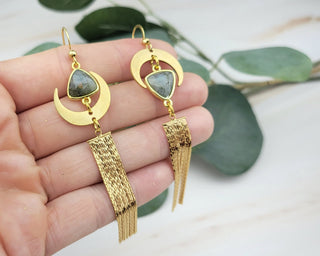 Long Labradorite Earrings: Mismatched Moon Tassel Design