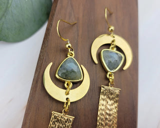 Long Labradorite Earrings: Mismatched Moon Tassel Design