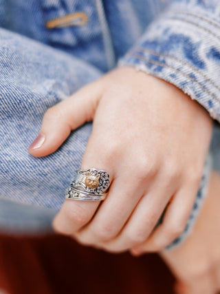 Vintage Spoon Ring: Brass Cat, Floral Copper Wrap Ring