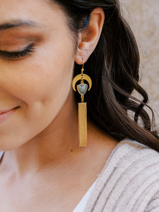 Long Labradorite Earrings: Mismatched Moon Tassel Design