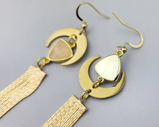 Asymmetrical Rose Quartz Tassel Earrings: Gold Crescent Moon Jewelry