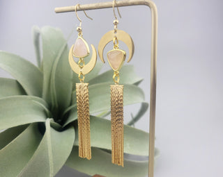 Asymmetrical Rose Quartz Tassel Earrings: Gold Crescent Moon Jewelry